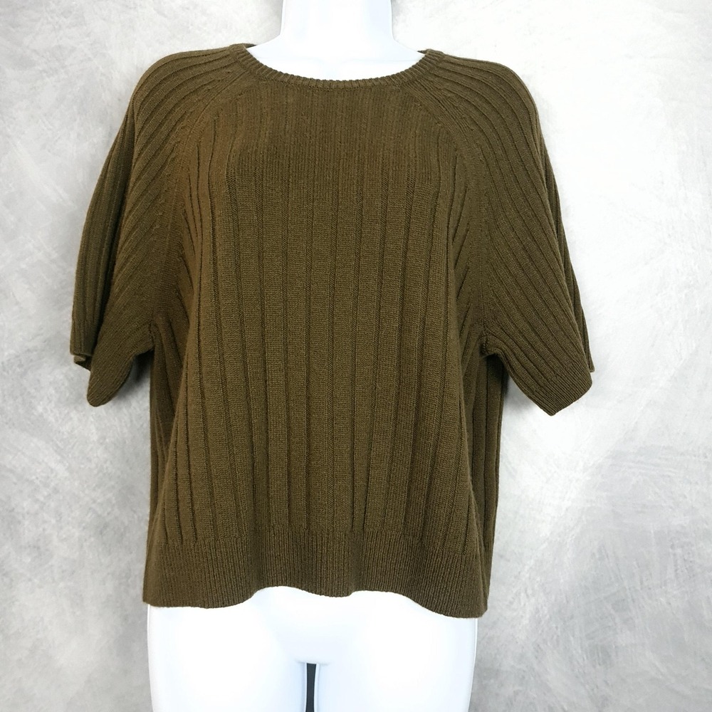 ME+EM Sweater Womens Medium Green Merino Cashmere Rib Crop Short Sleeve Knit - Picture 2 of 16